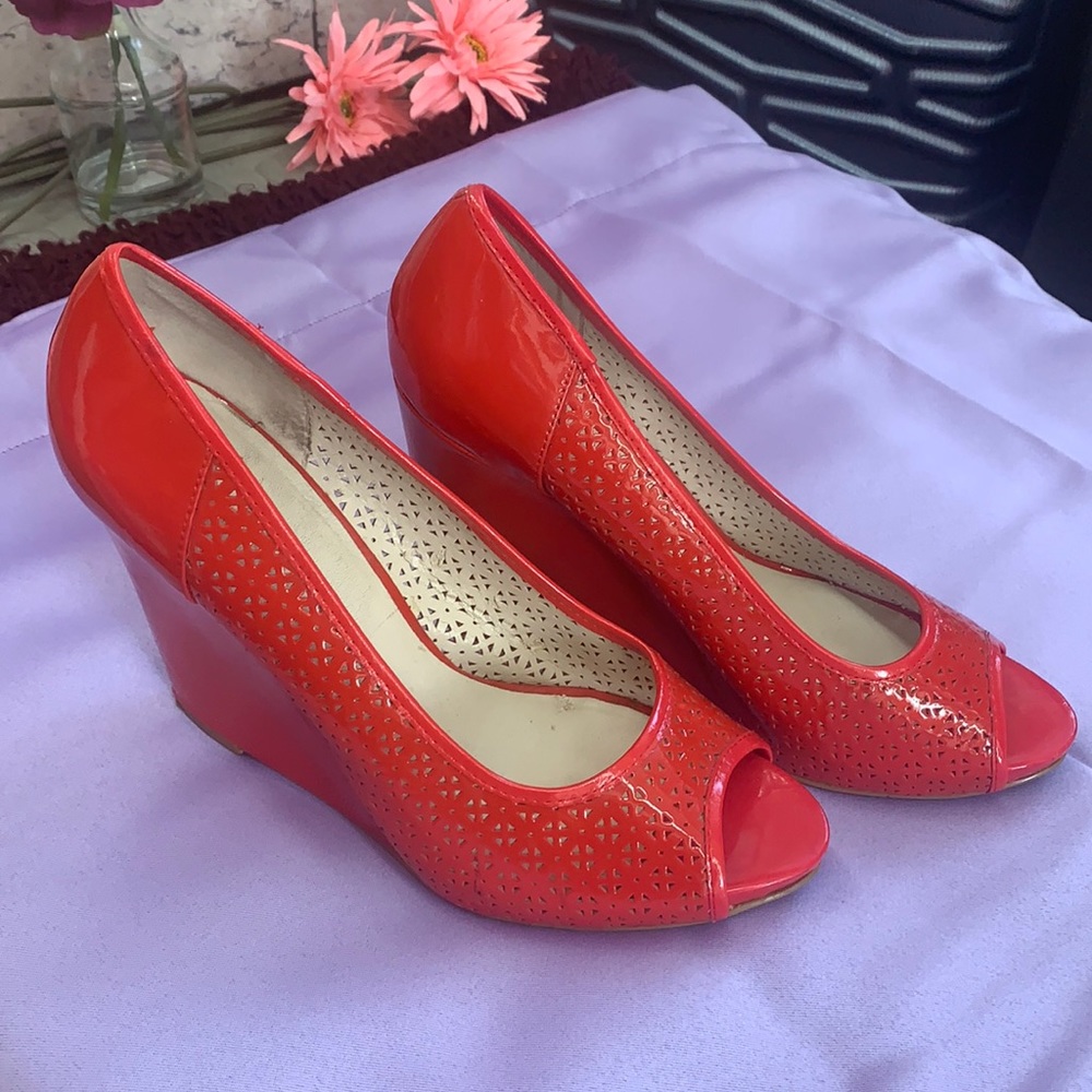 Bright Reddish-Orange Nine West Wedge PeepToe Shoes